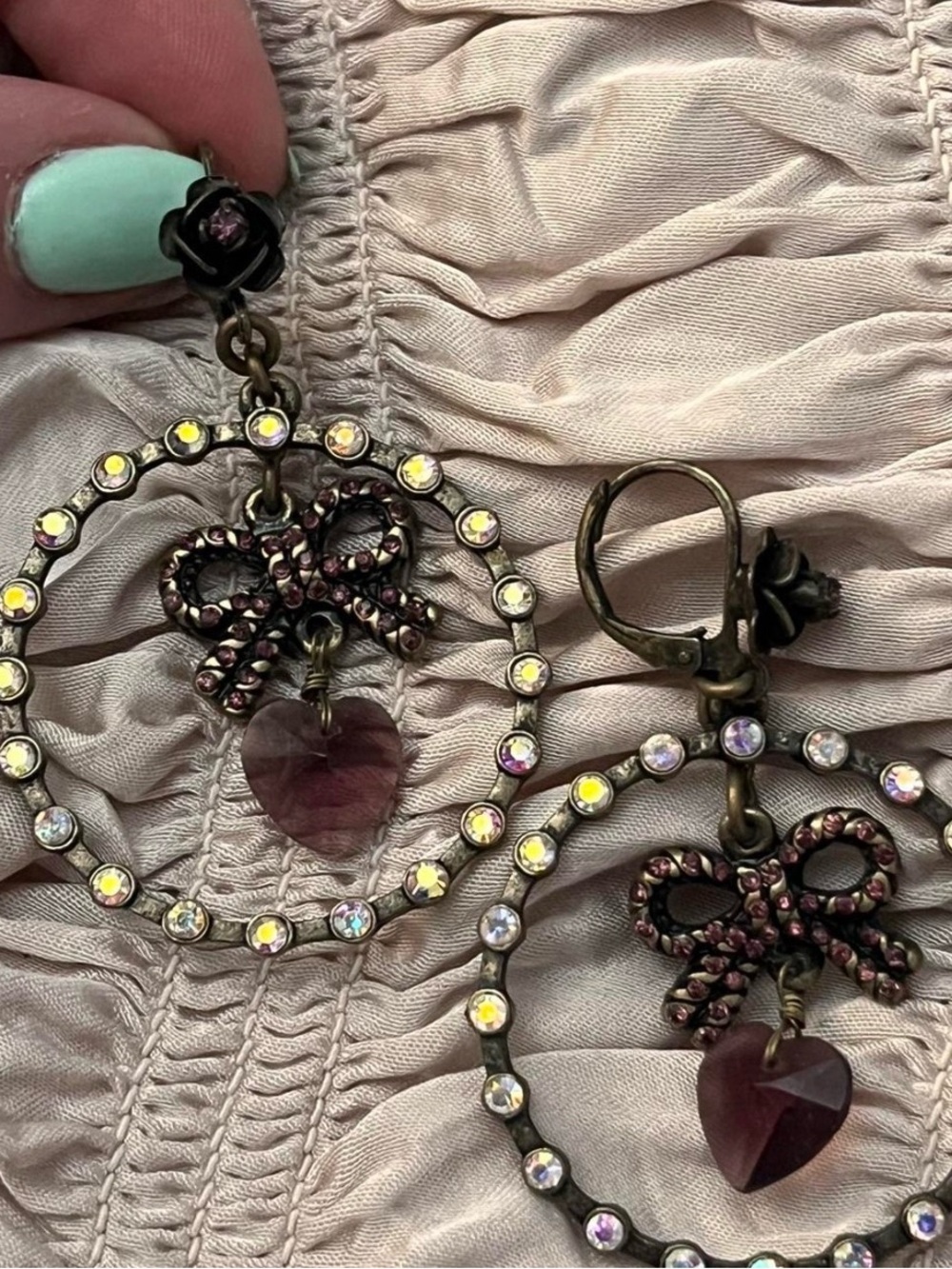Betsey Johnson Purple Heart Hoop Earrings with Sparkling Crystals